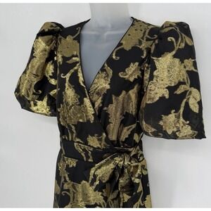 Alex Marie Sz 4 Gold Black Floral‎ Brocade Midi V Neck Wrap Dress Puff Sleeve